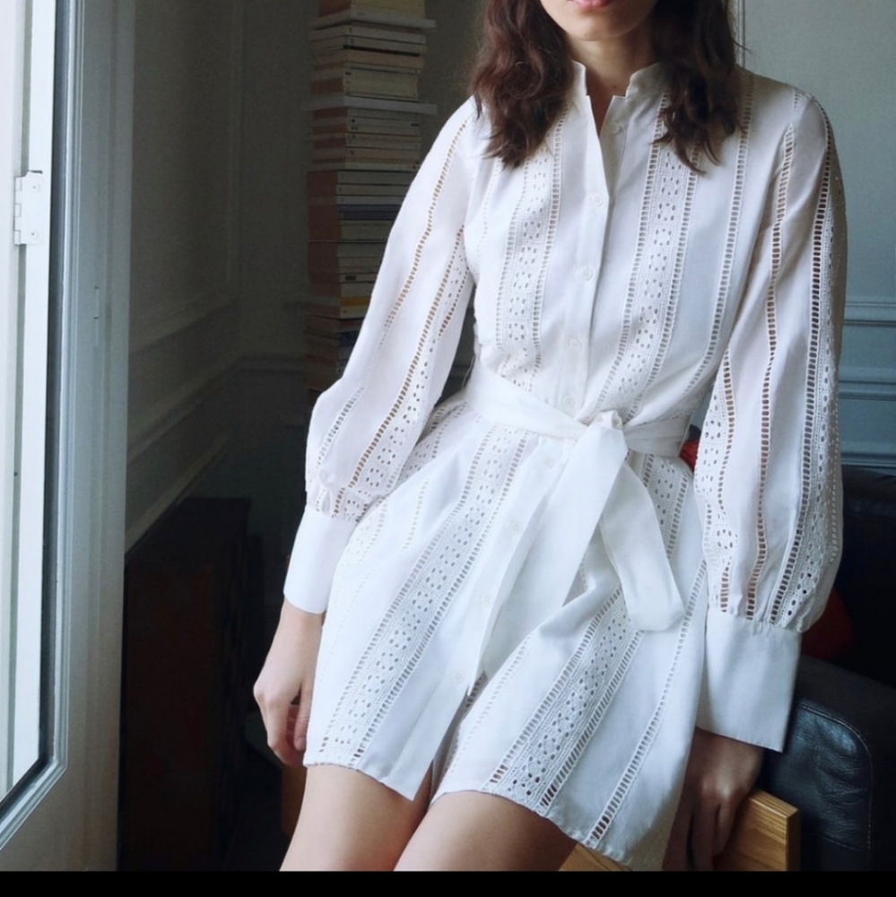 Zara White Cotton Eyelet Mini Dress XS S